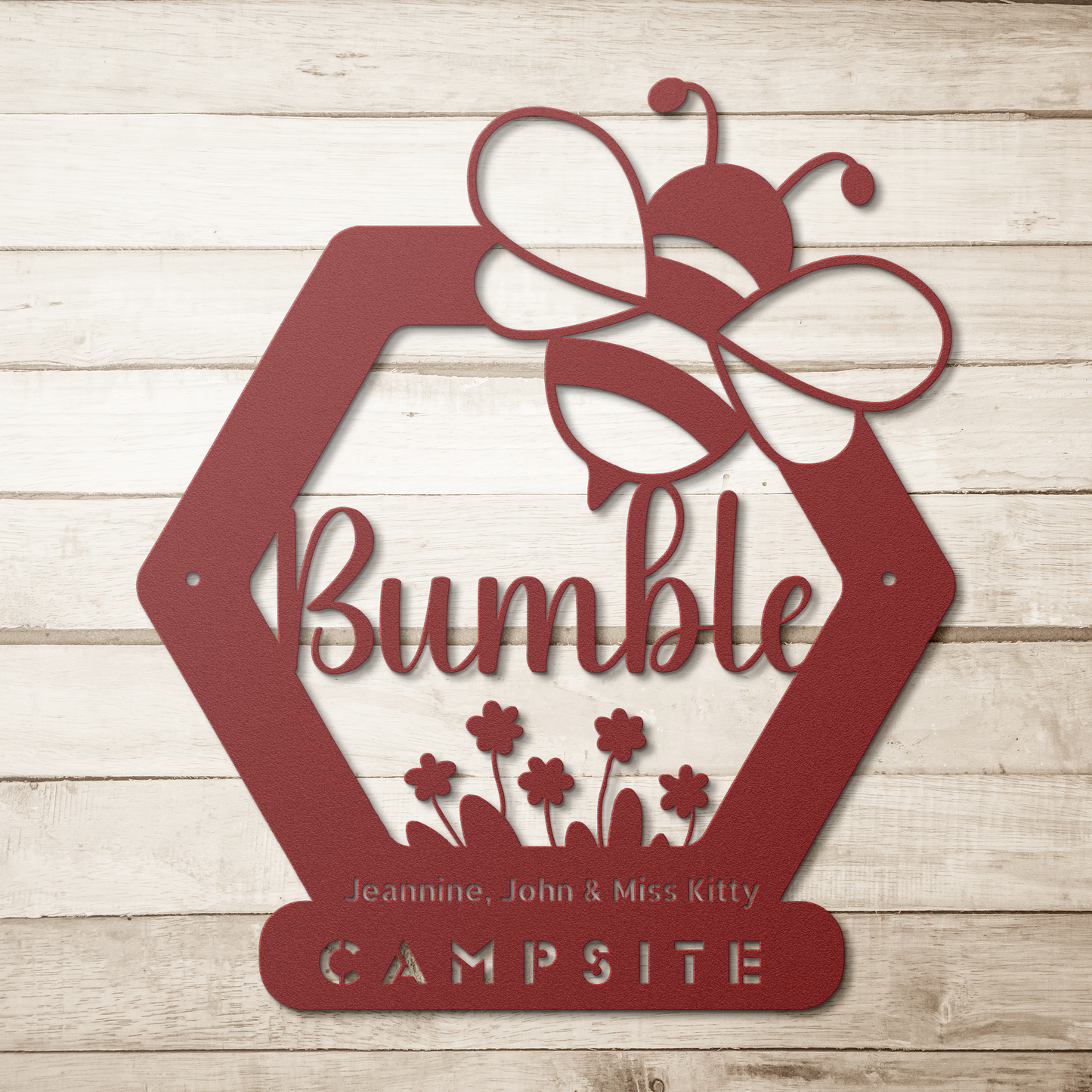 Garden_Bee_Campsite_Metal_Sign_Red_Simple_Wood_BKGD_Mockup.png