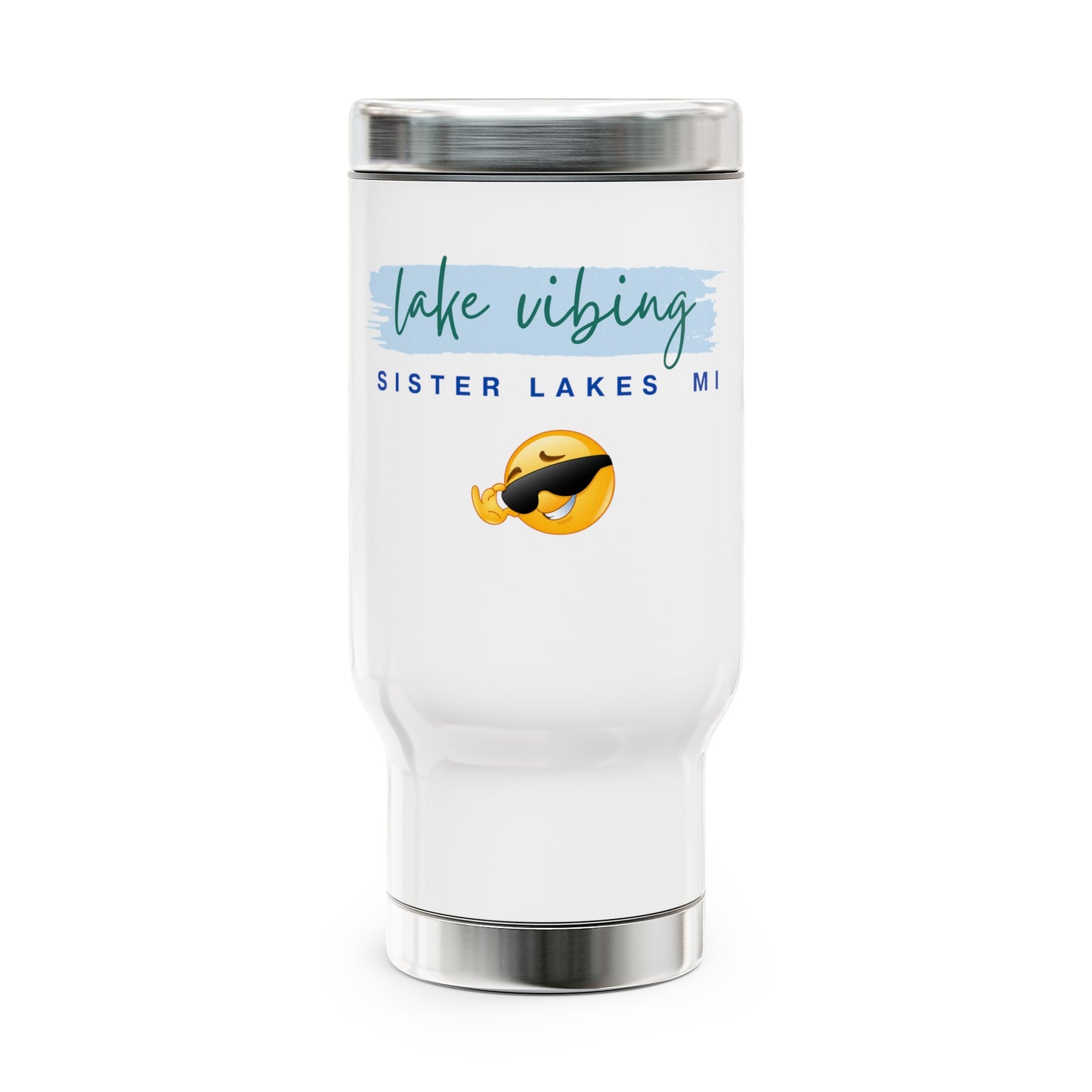 Lake Vibing Emoji Dude Sister Lakes Stainless Steel Travel Mug with Handle, 14oz